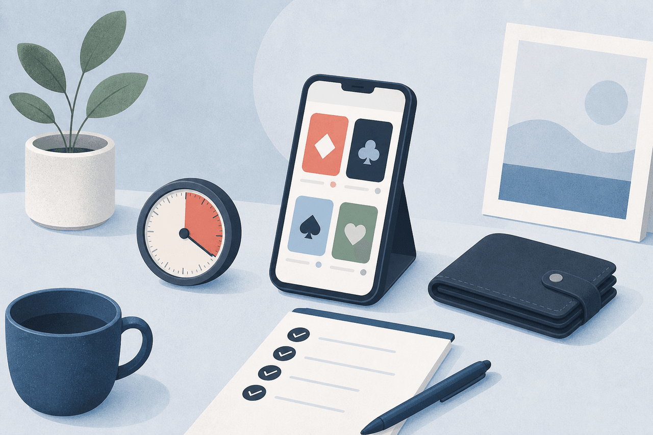 Responsible social play represented by a timer, wallet and checklist